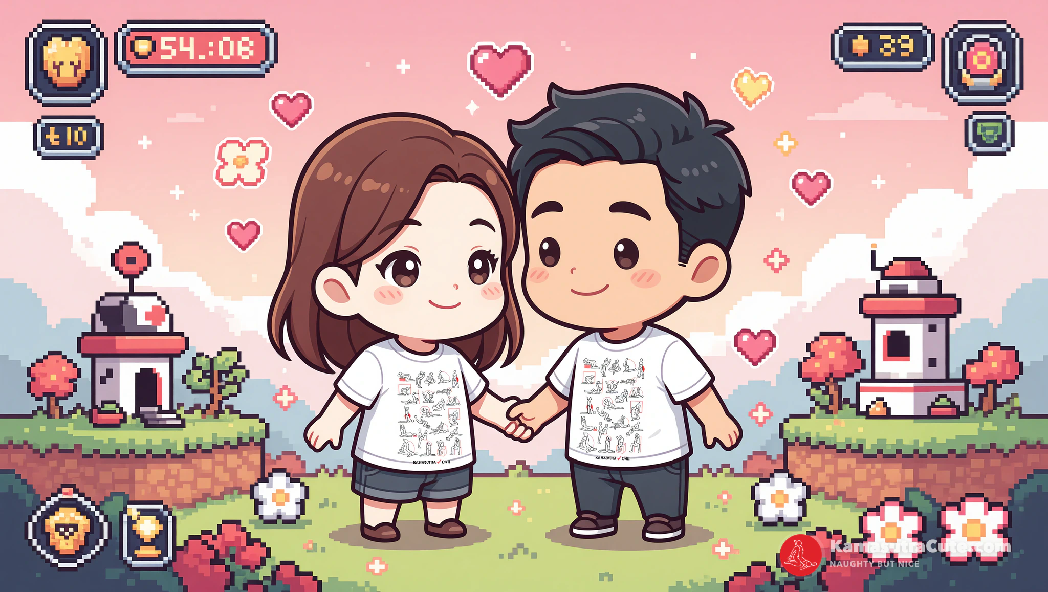 Cute MMO couple on flirty virtual date in Kamasutra Cute tees