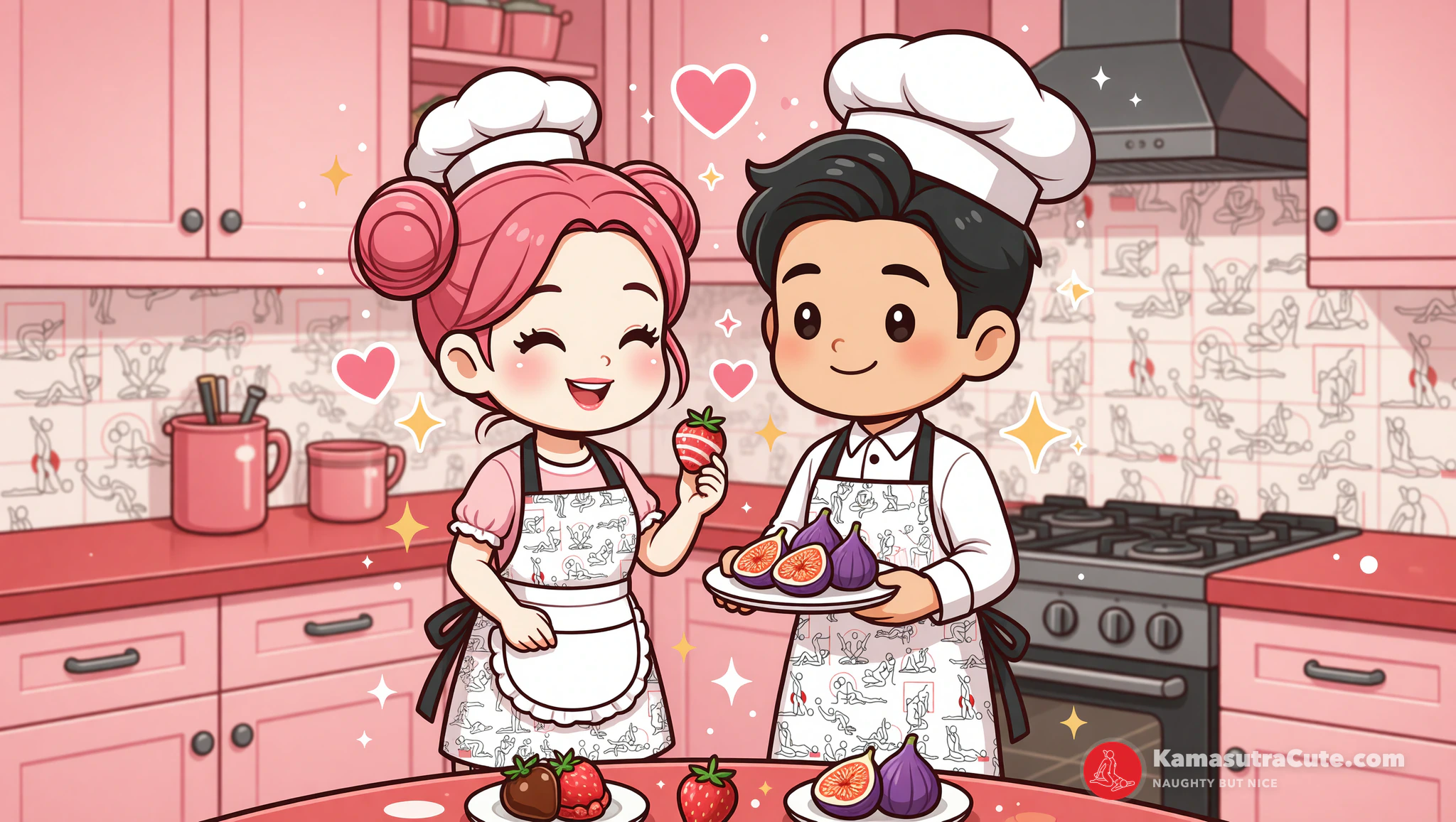 Couple in Kamasutra Cute Apron preparing aphrodisiac recipes together