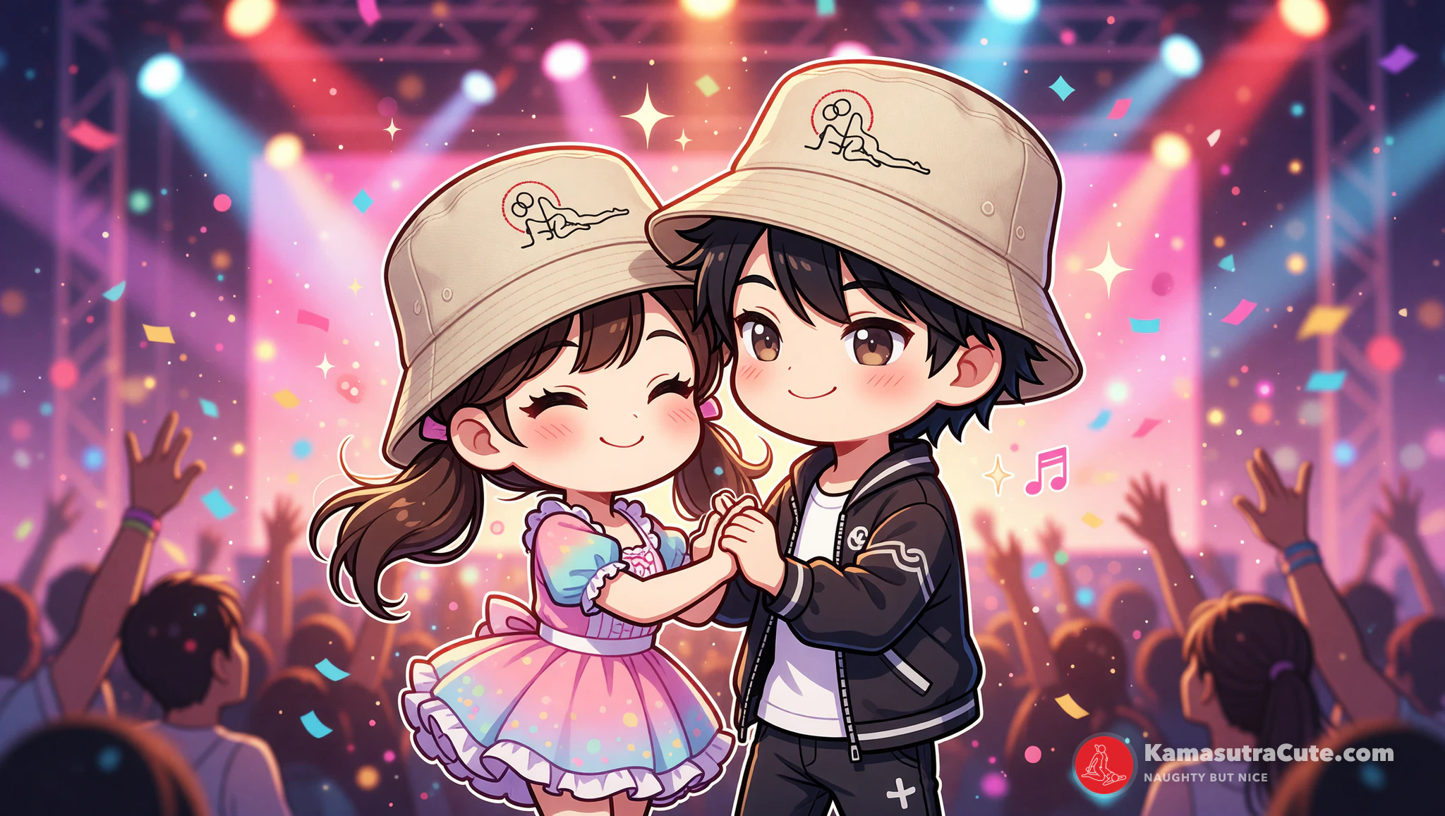 Couple at music festival using Kamasutra Cute survival kit essentials like bucket hat and glow charms.