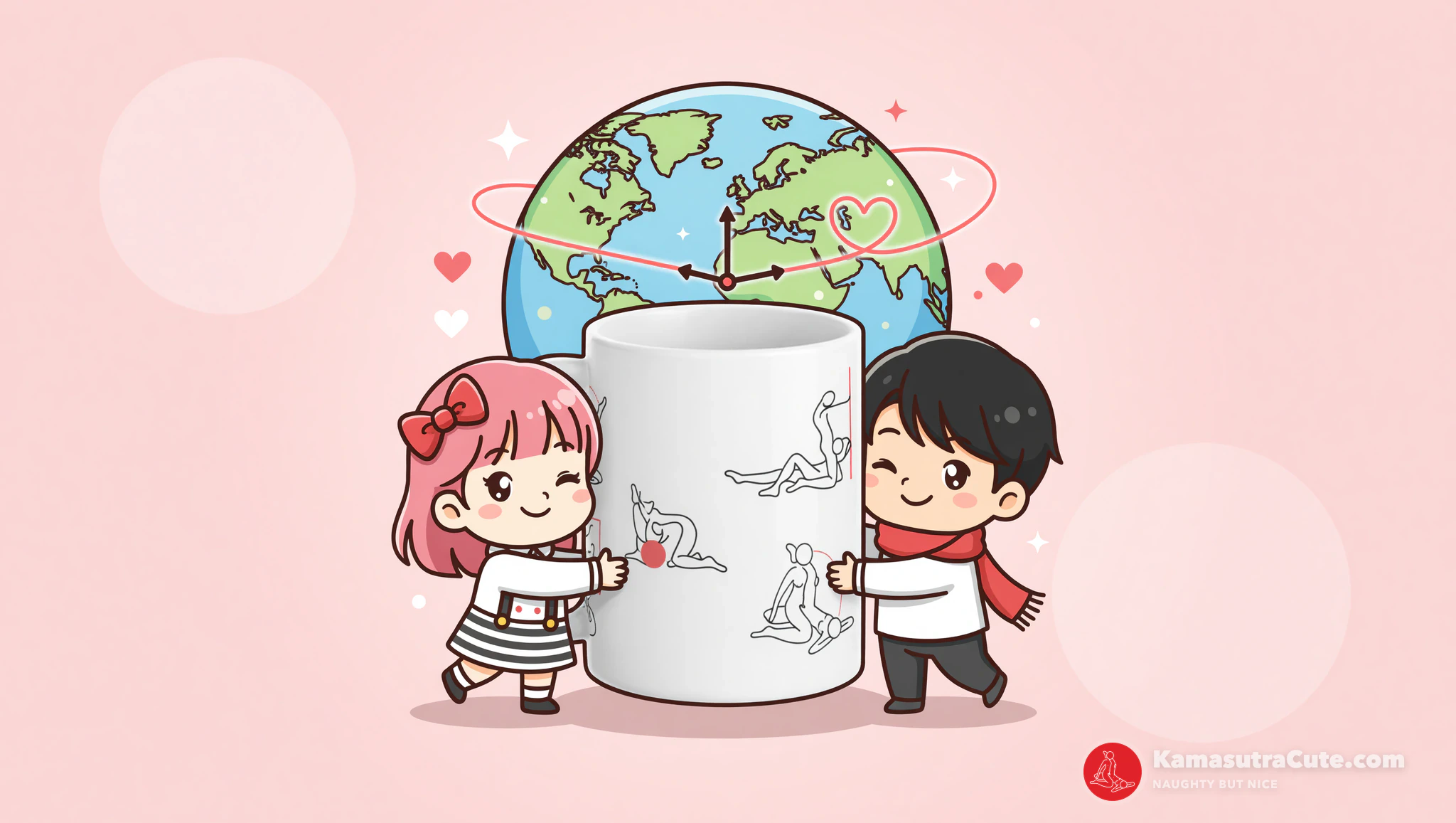 International couple toasting with Kamasutra Cute mugs over video, time-zone romance vibes.