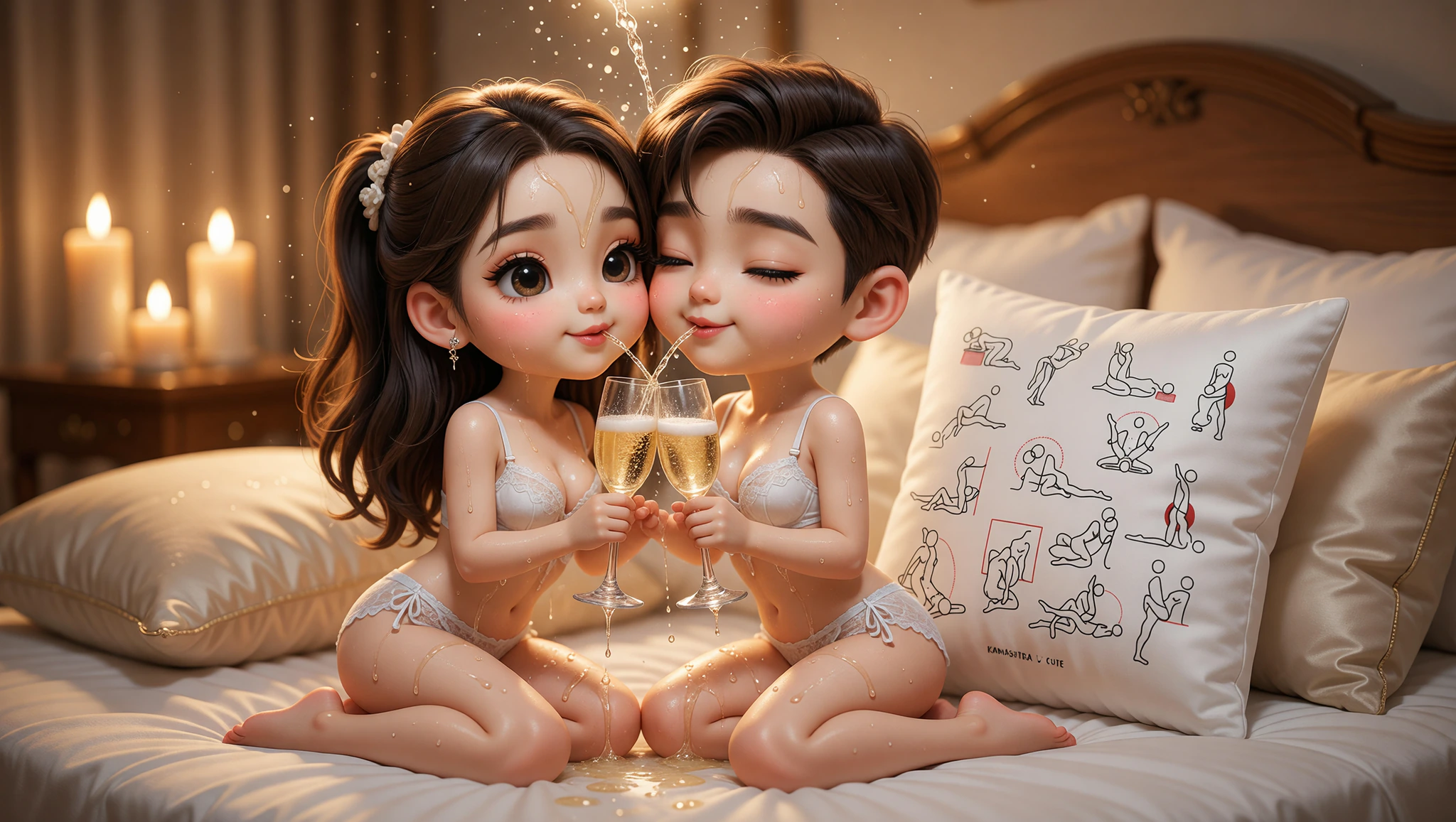 Pareja heterosexual celebrando aniversario con posiciones sexuales apasionadas y brindis en la cama.