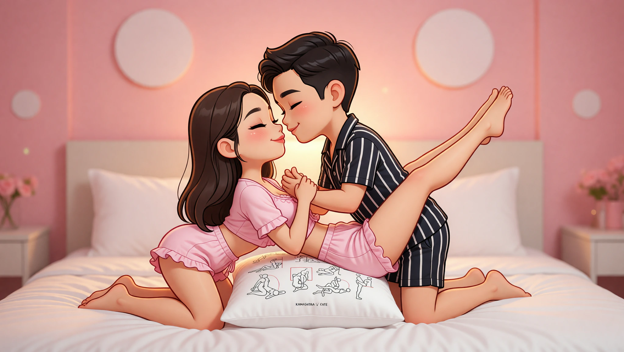 A man and woman in an elevated missionary position, bridging their gap with intimate closeness and passion.