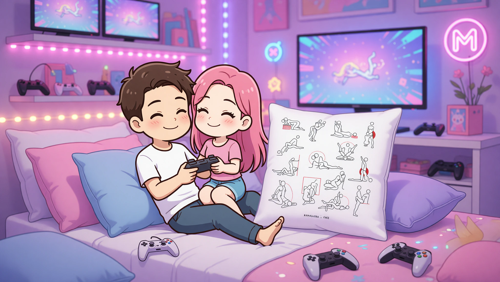 Excited gamer couple enjoying Controller Cowgirl position in their themed bedroom.
