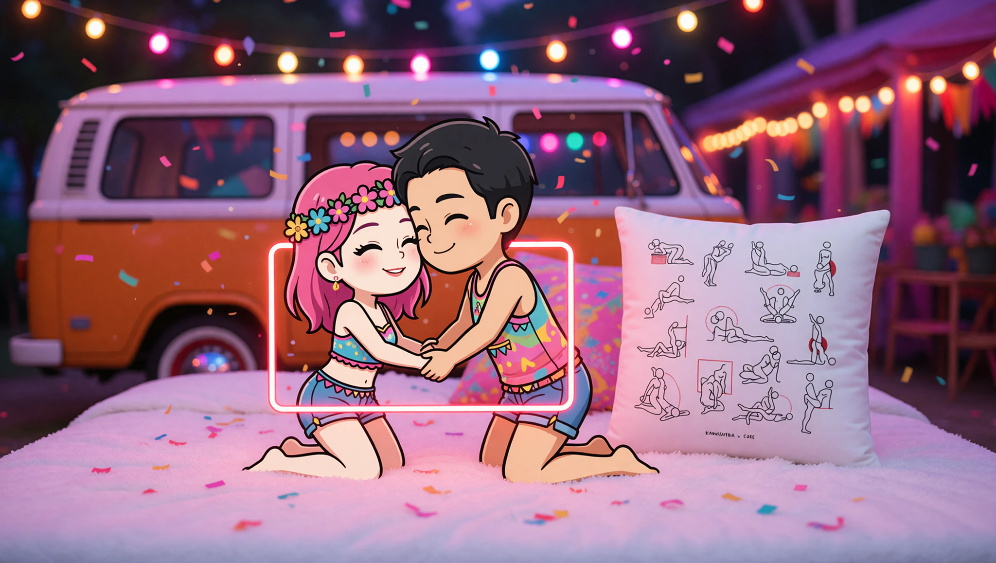 Pareja apasionada en festival vibrante explorando una posición íntima con ritmo ardiente.