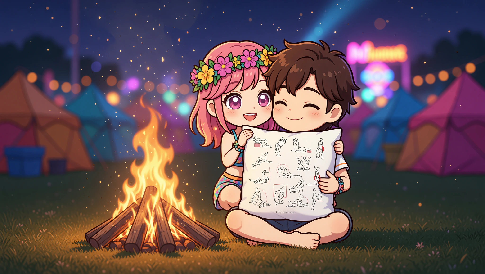 A man and woman passionately embracing in a lotus sex position beside a glowing bonfire at a vibrant festival campsite.