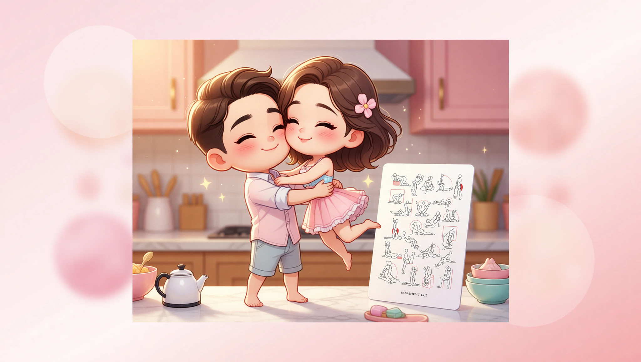 Heterosexual couple sharing an unexpected eruption of passion in a spontaneous Kamasutra position on the kitchen counter.