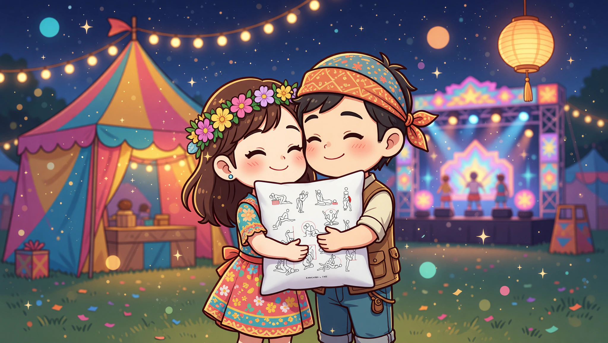 Man and woman sharing a steamy festival frenzy moment by their tent under vibrant night lights.