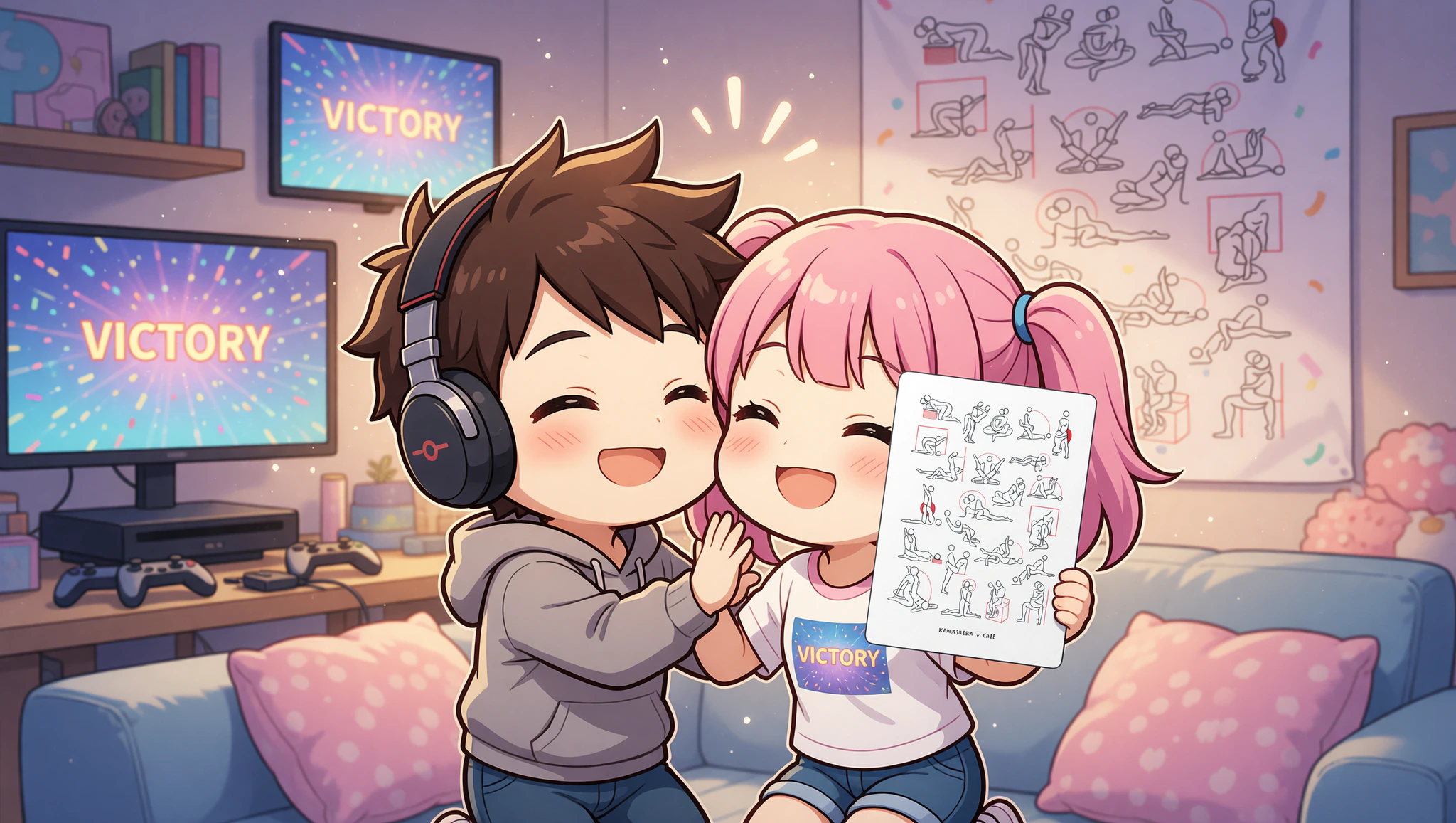Man and woman gamers celebrating a post-game victory with a flirty embrace in their living room.