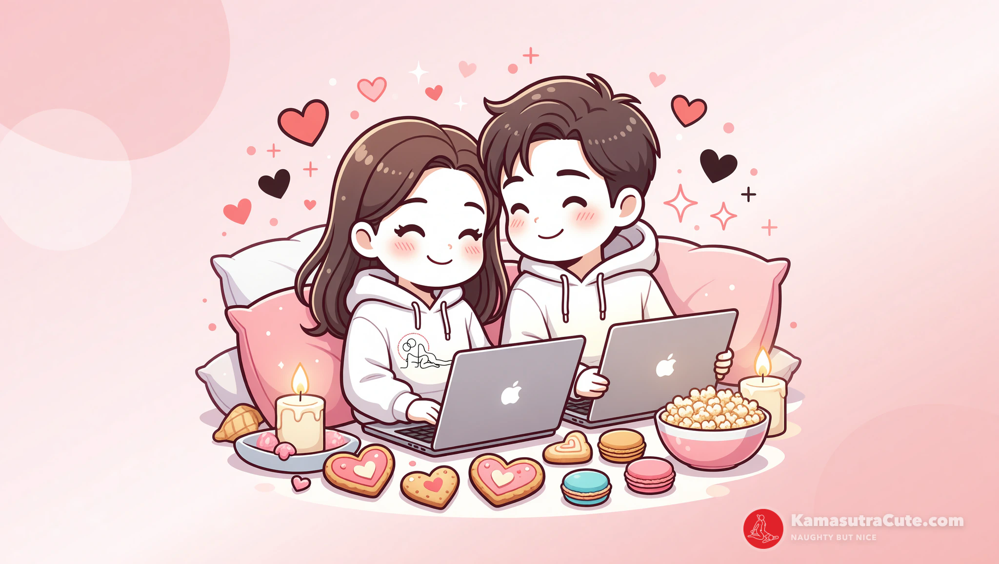 Couple enjoying virtual date night in Kamasutra Cute hoodies.