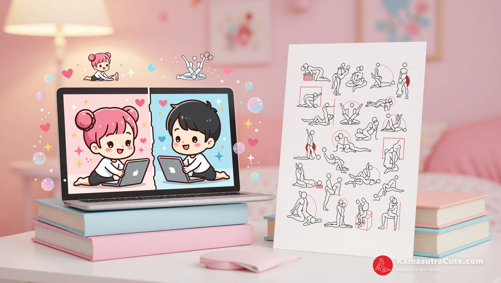 Couple enjoying virtual Kamasutra yoga date with sultry cobra poses.