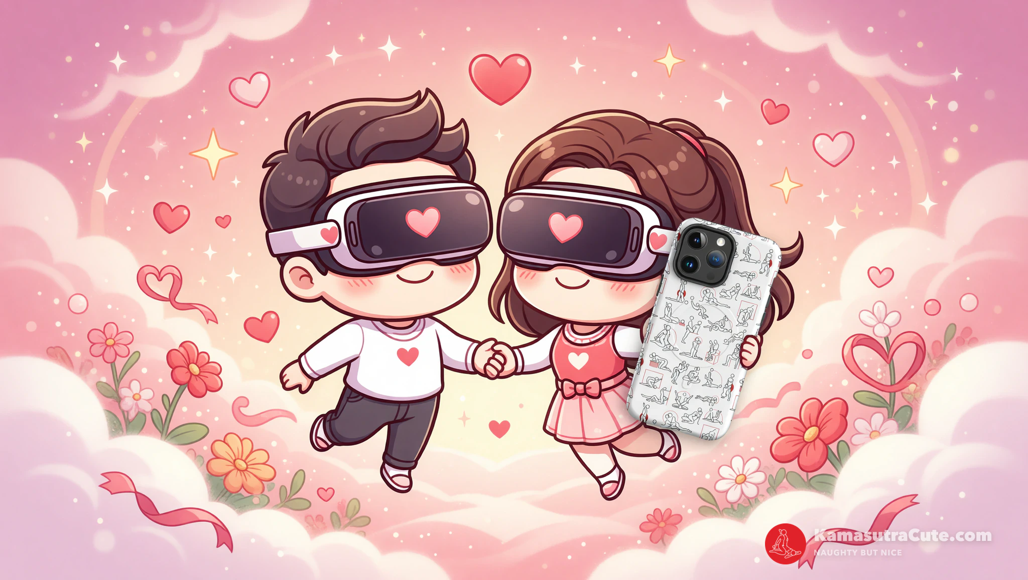 Couple immersed in a starry virtual reality date with protected iPhones ready.