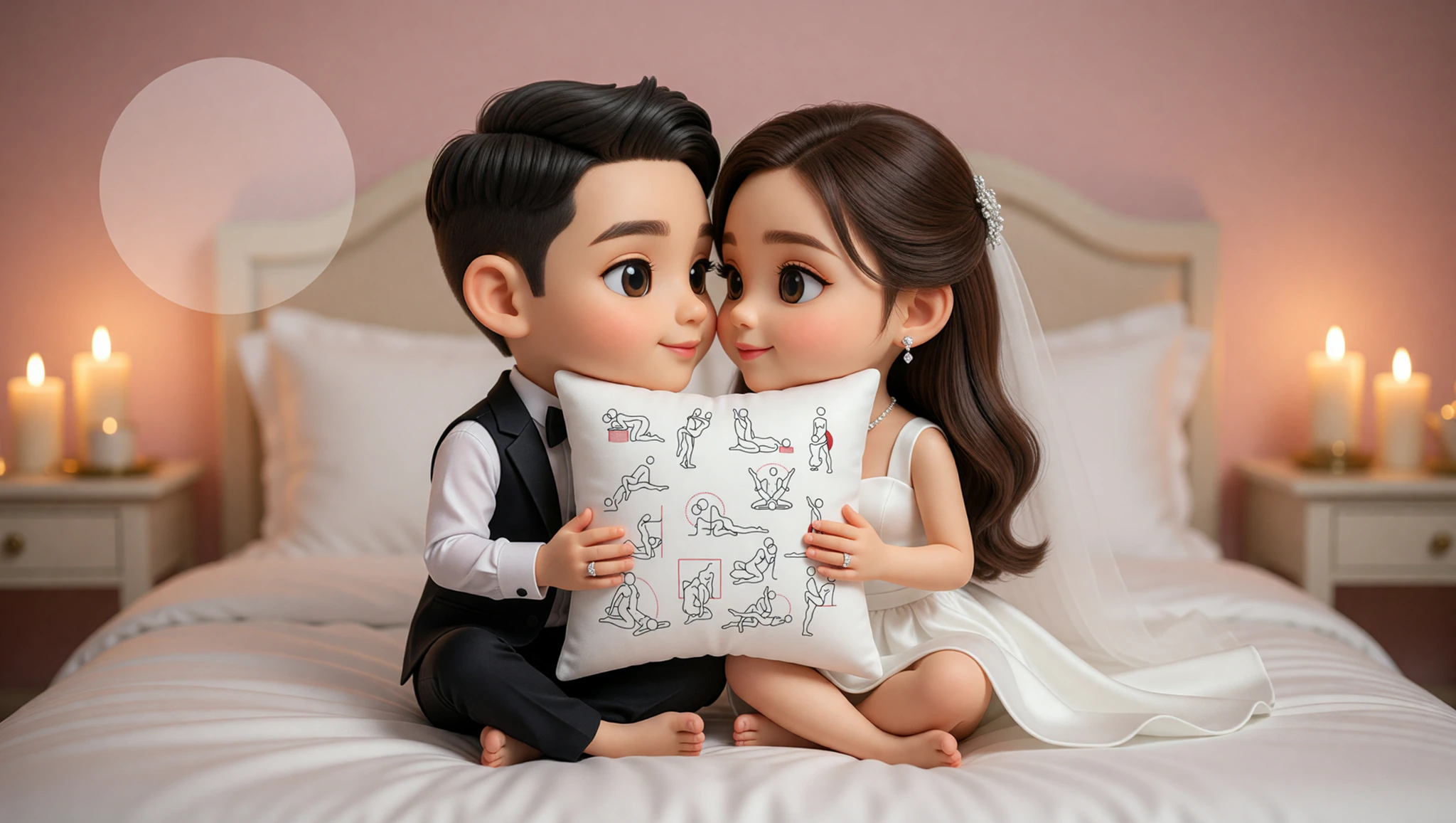 Pareja heterosexual ardiente en pose nupcial íntima sobre sábanas blancas en su noche de bodas.