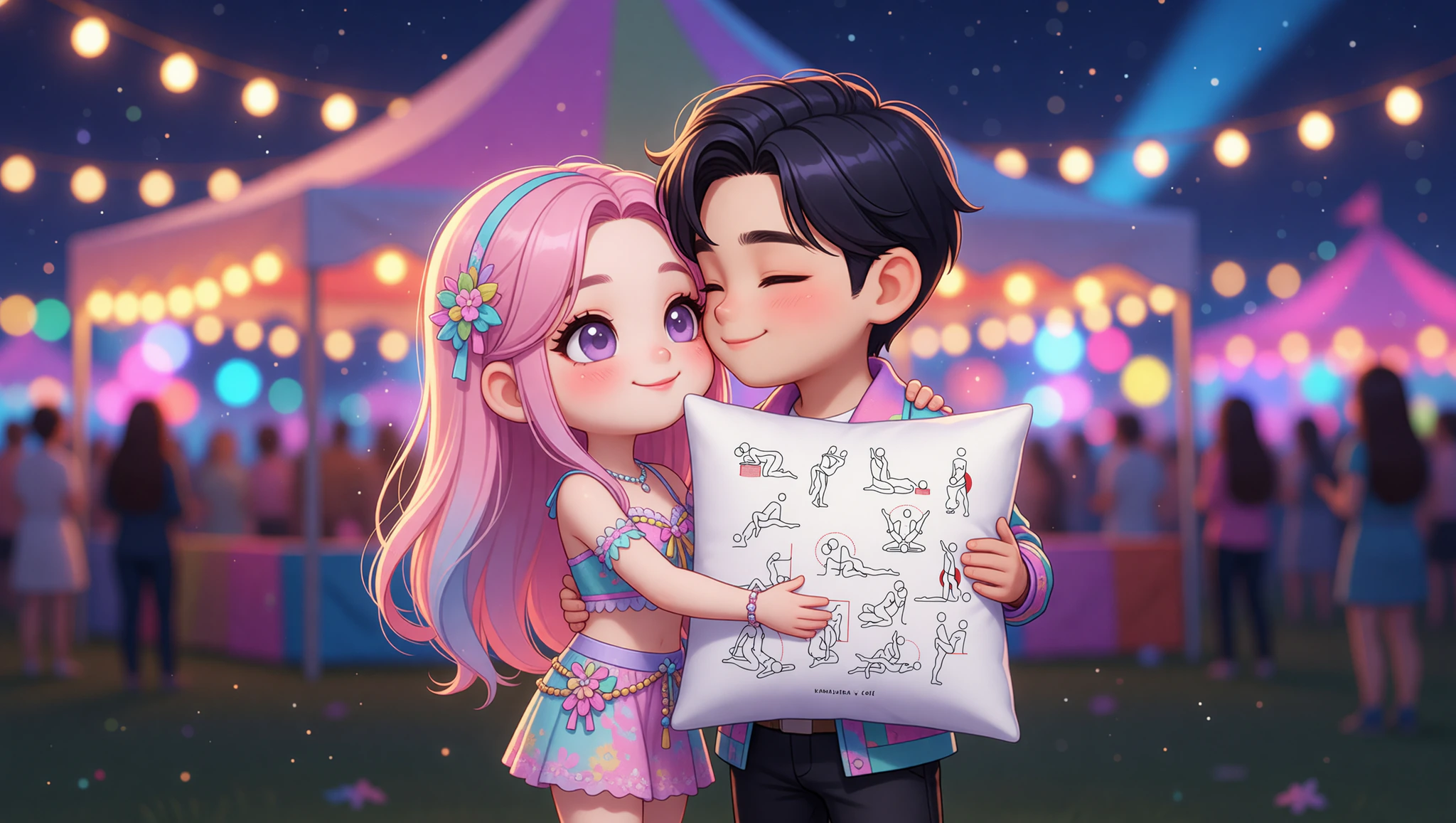 Man and woman sharing a steamy embrace near a festival tent under night lights.