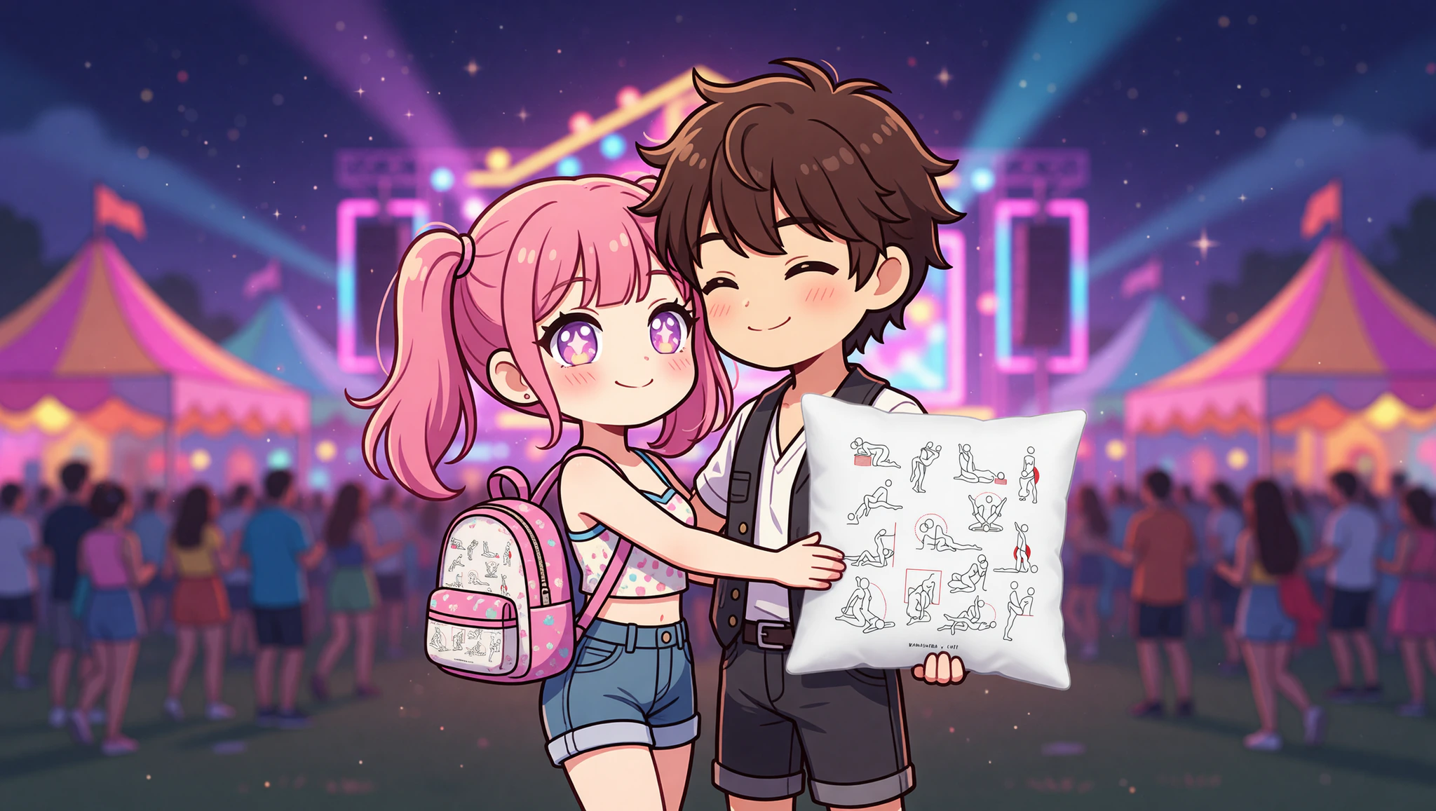 Pareja heterosexual disfrutando de una pose sexual nómada contra un árbol en un festival nocturno lleno de luces y pasión.