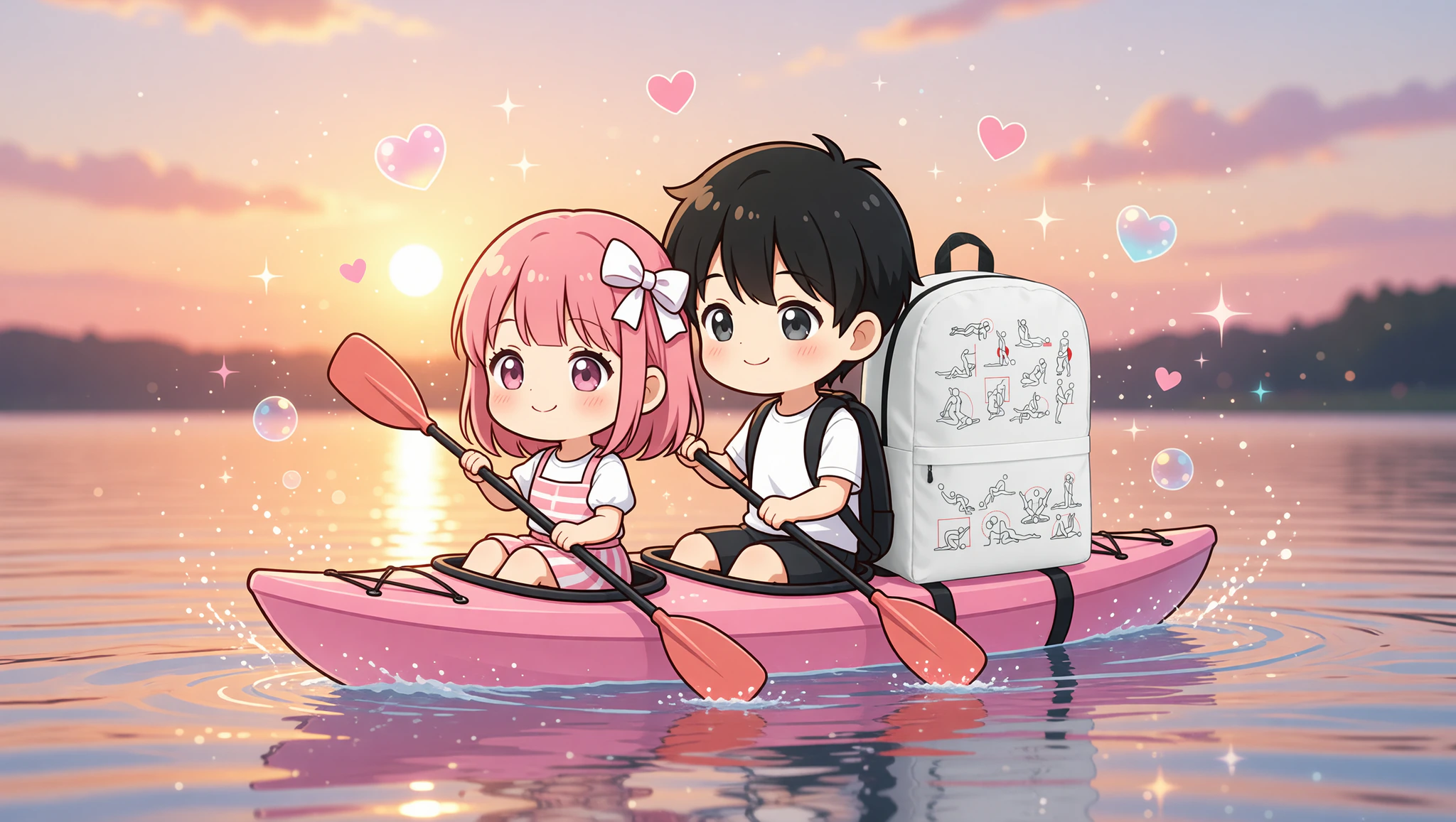 Chibi couple kayaking romantically with backpack