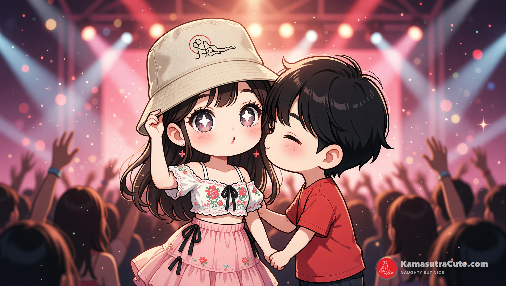 Flirty woman in bucket hat rocking boho outfit on summer concert date with her guy.