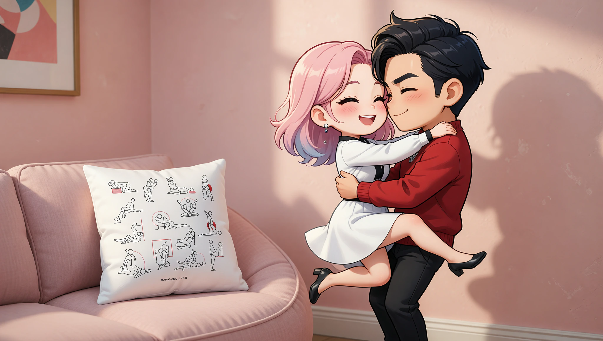 A man and woman passionately embracing in a whim moment spontaneous adventure pose against their living room wall.