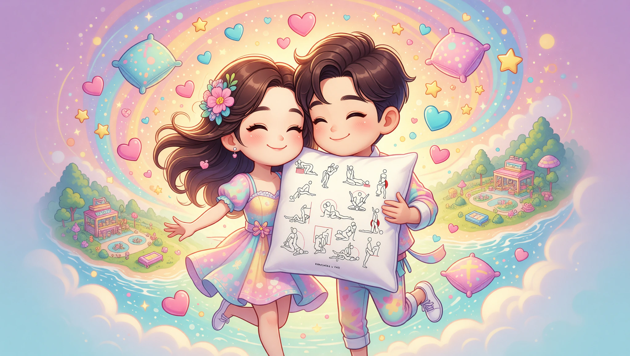 A man and a woman couple joyfully embracing in a whimsical whirlwind of spontaneous adventures.