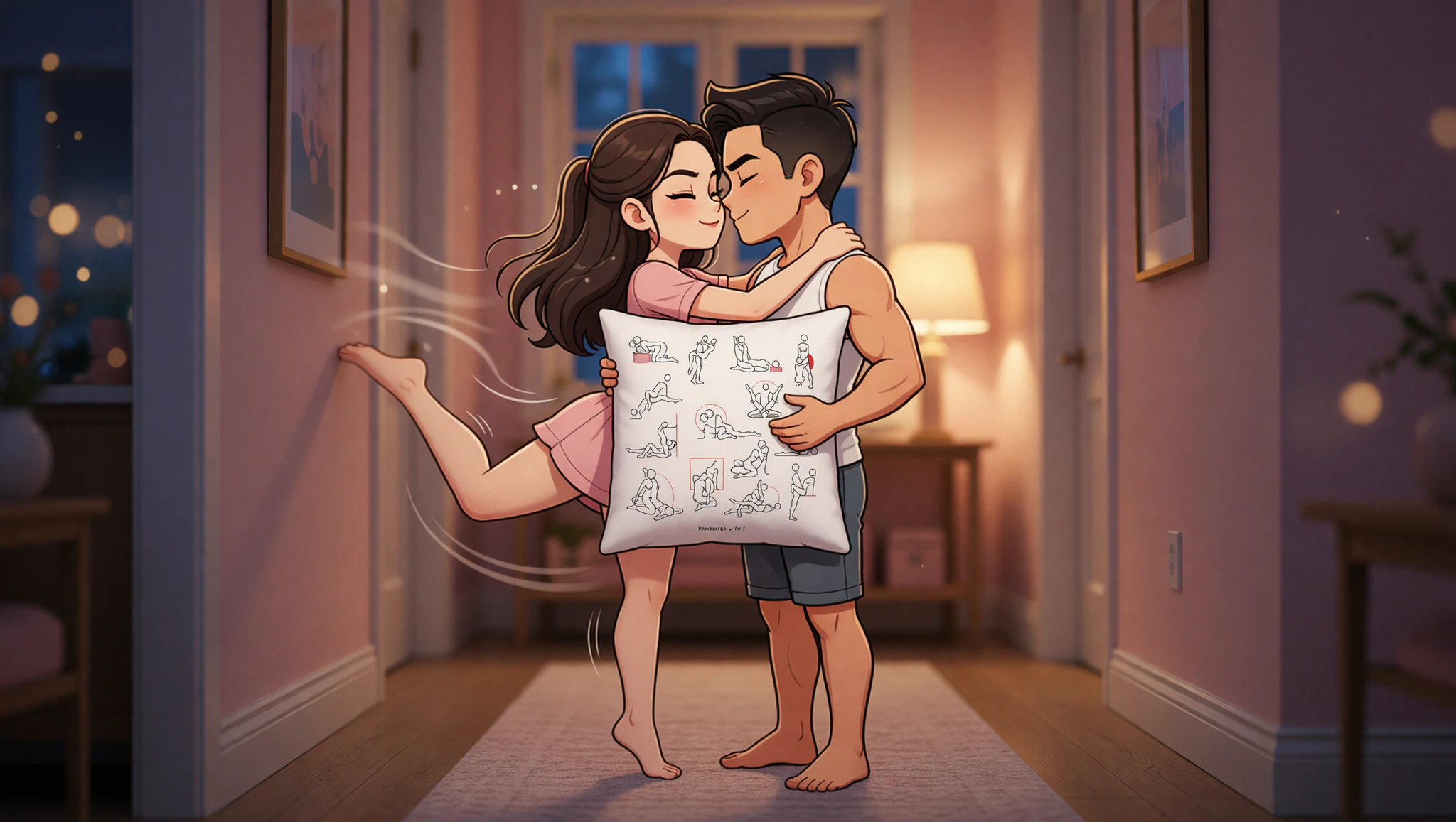 A man and woman captured in a whirlwind rush spontaneous wall pose, radiating urgent passion.