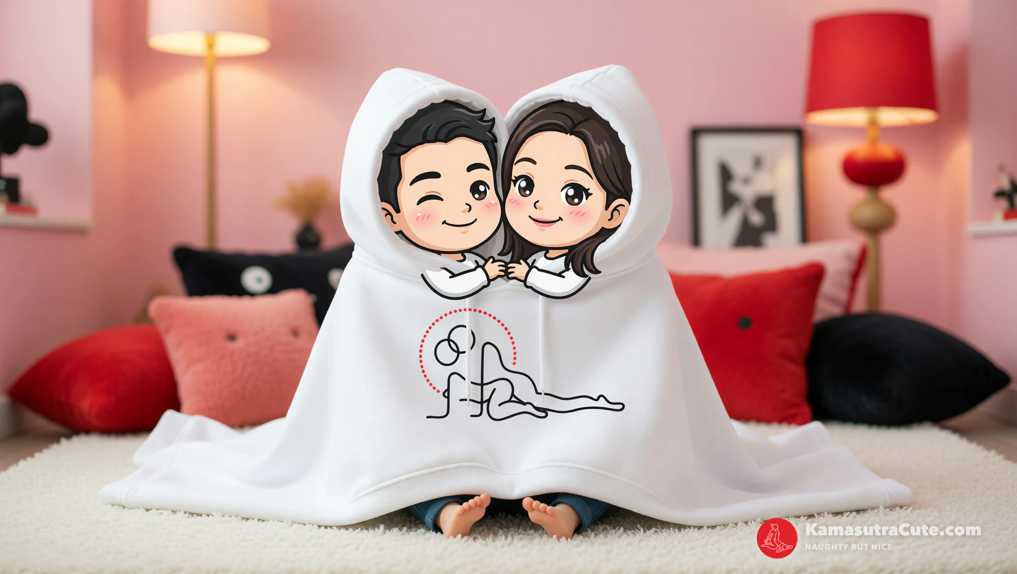 Couple cuddling under Kamasutra Cute Unisex Hoodie on cozy couch.