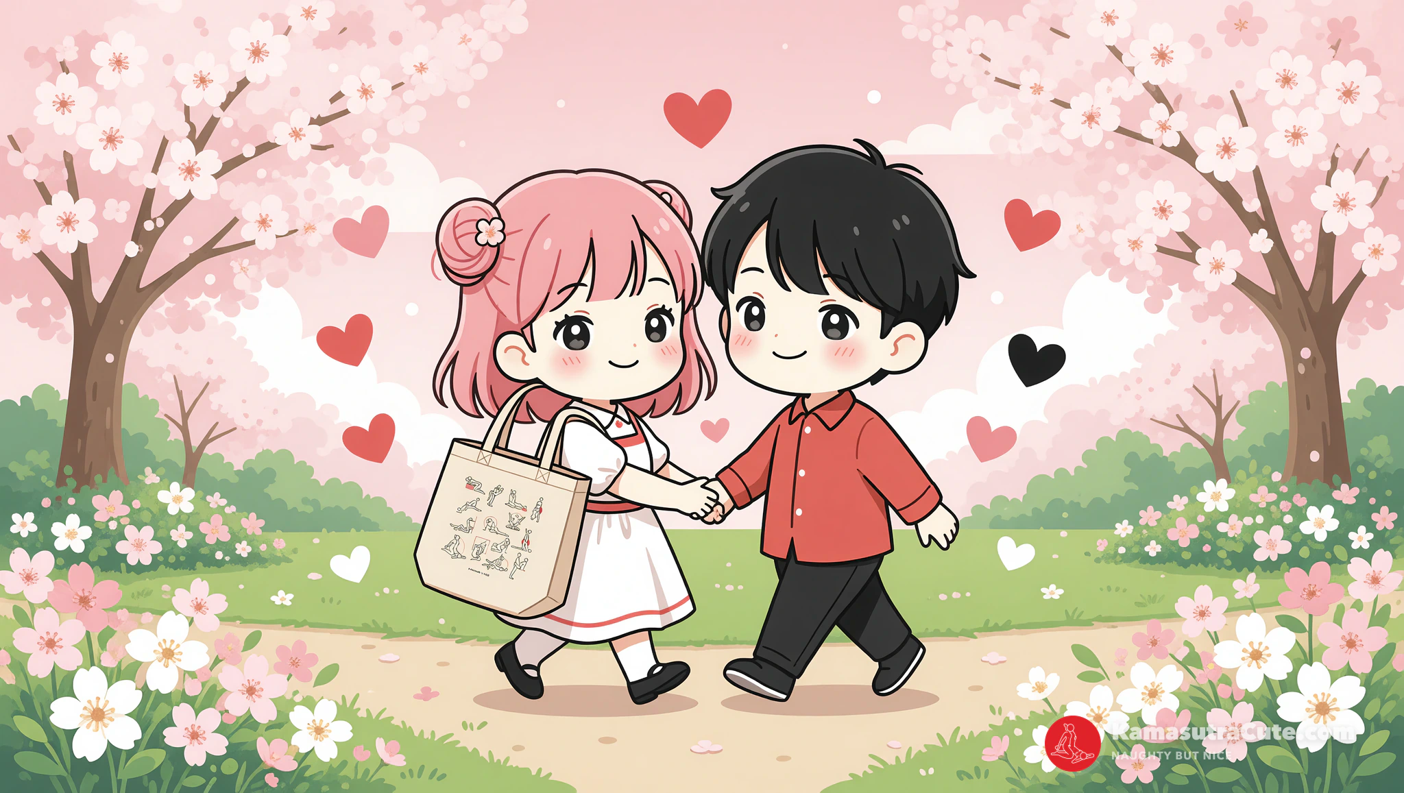 Woman with Kamasutra Cute Eco Tote Bag on a flirty date stroll