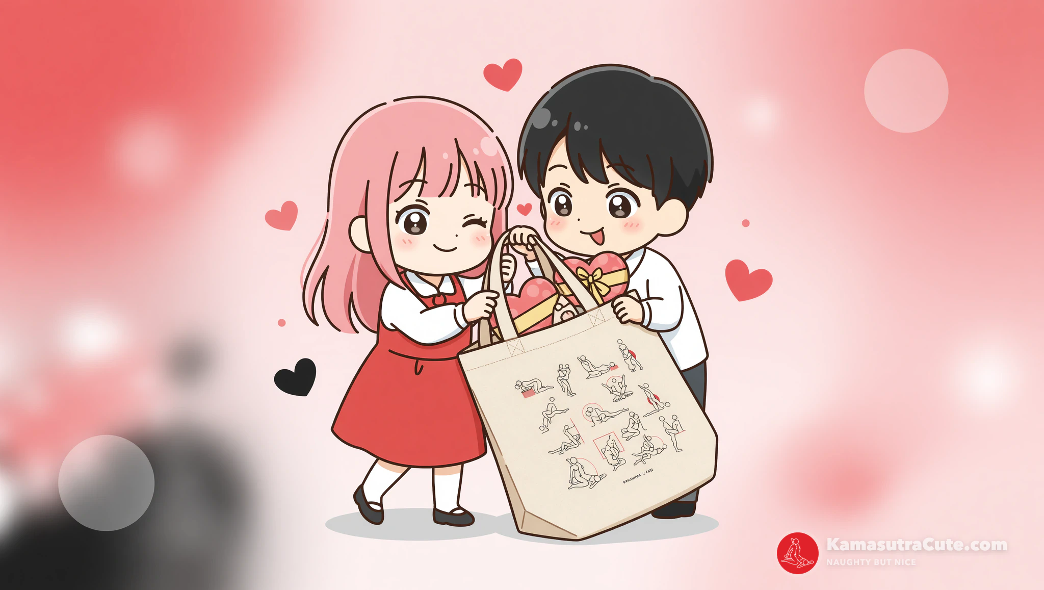 Woman using cute eco tote to hide naughty date gifts playfully.