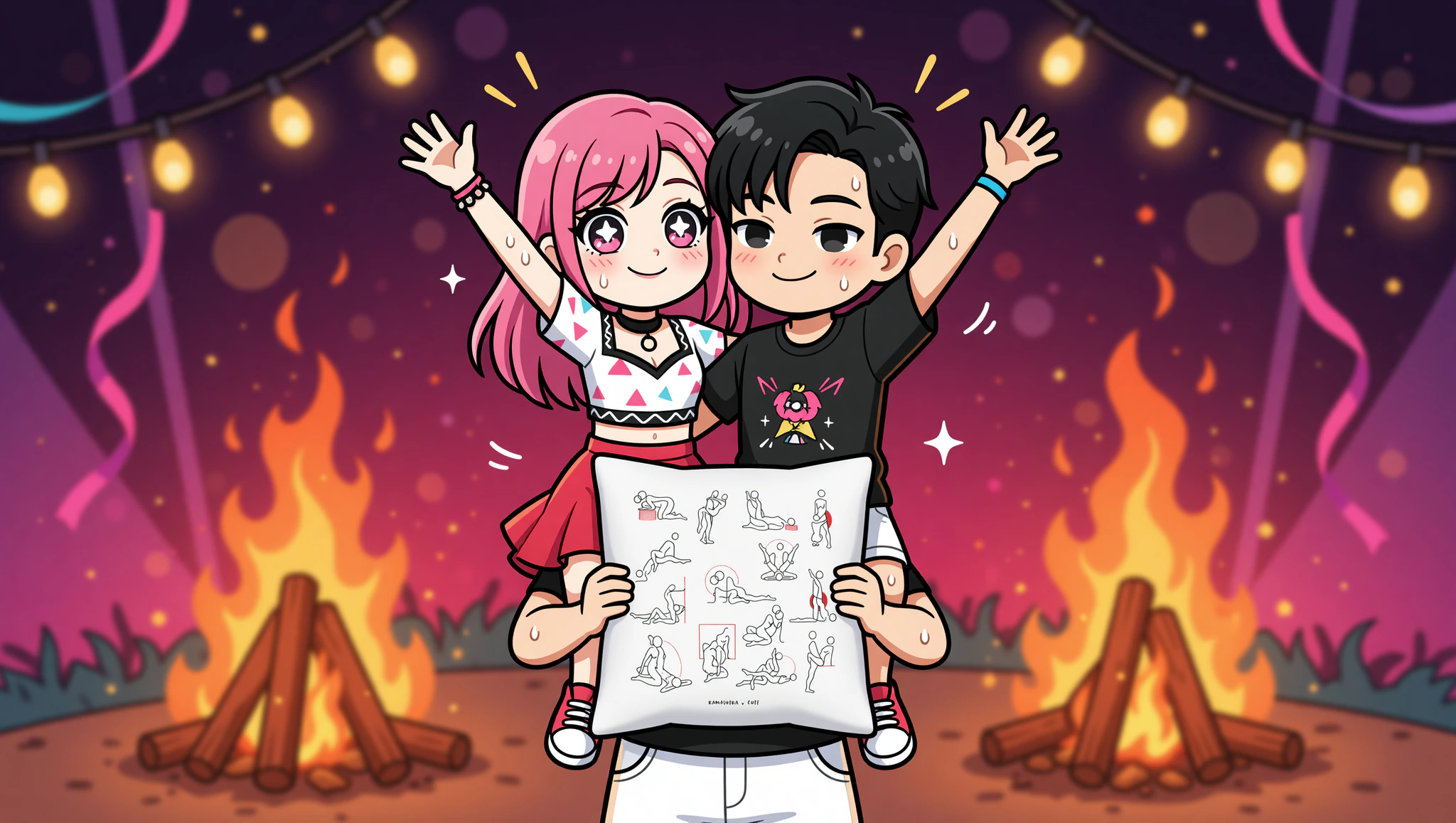 A man and woman passionately engaged in a festival-inspired crowd surf cowgirl sex position with colorful lights and fire effects.